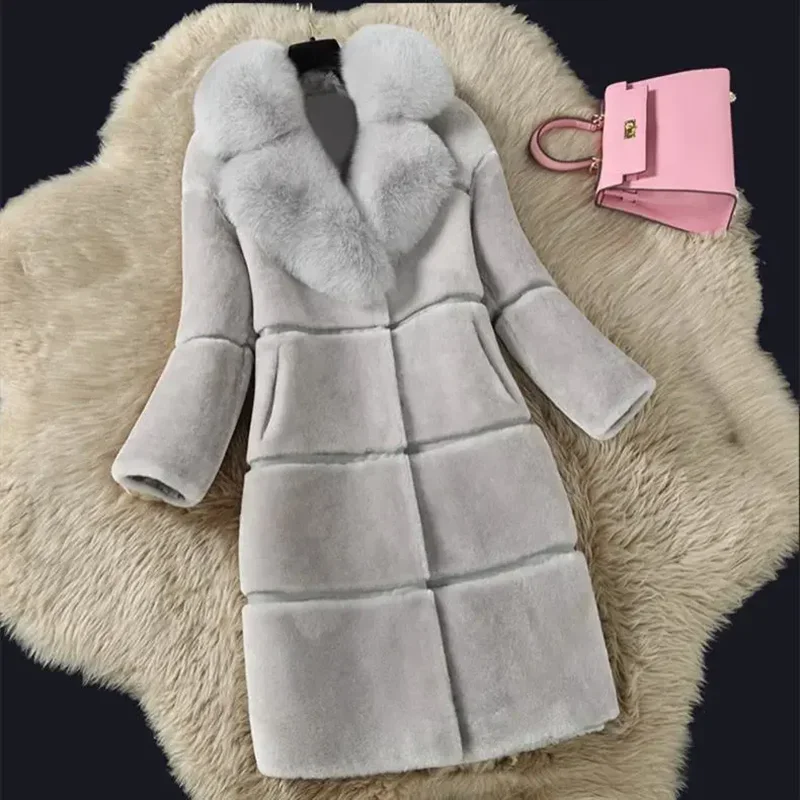 Winter New Sheep Shear Fur Jacket Women Overcoat Fashion Slim Mid-Length Warm Parkas Female Fox Fur Coat Outwear