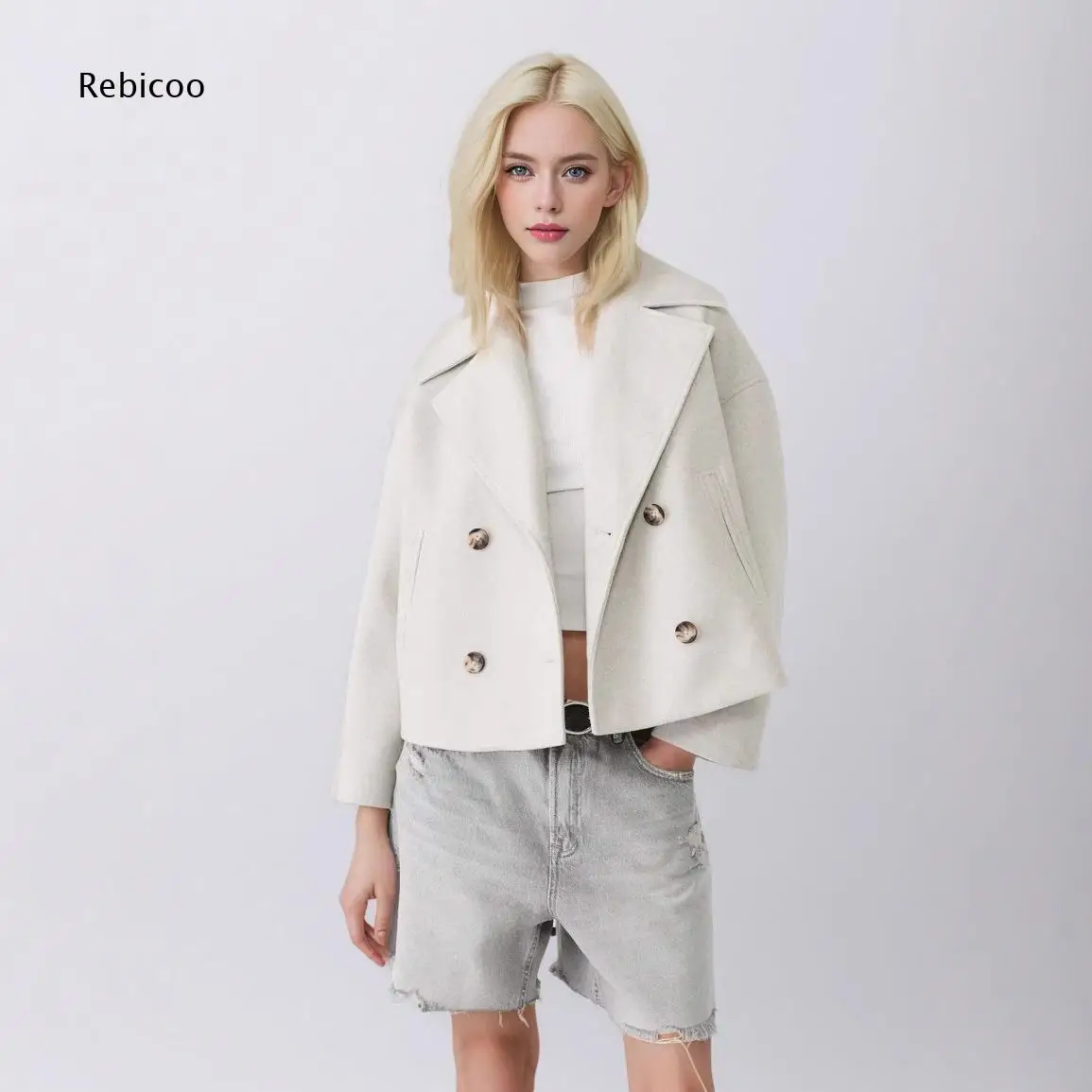 Fall Winter Solid Cropped Wool Blend Coat For Women Notched Lapel Double Breasted Side Pockets Long Sleeve Casual Outerwear