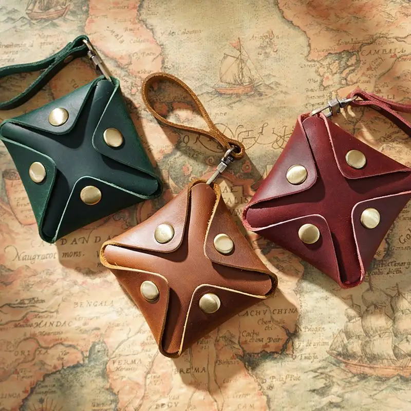 

Genuine Leather Small Coin Purse Handmade Creative Square Change Holder Keys Pocket Coins Pouch with Snaps For Men & Women