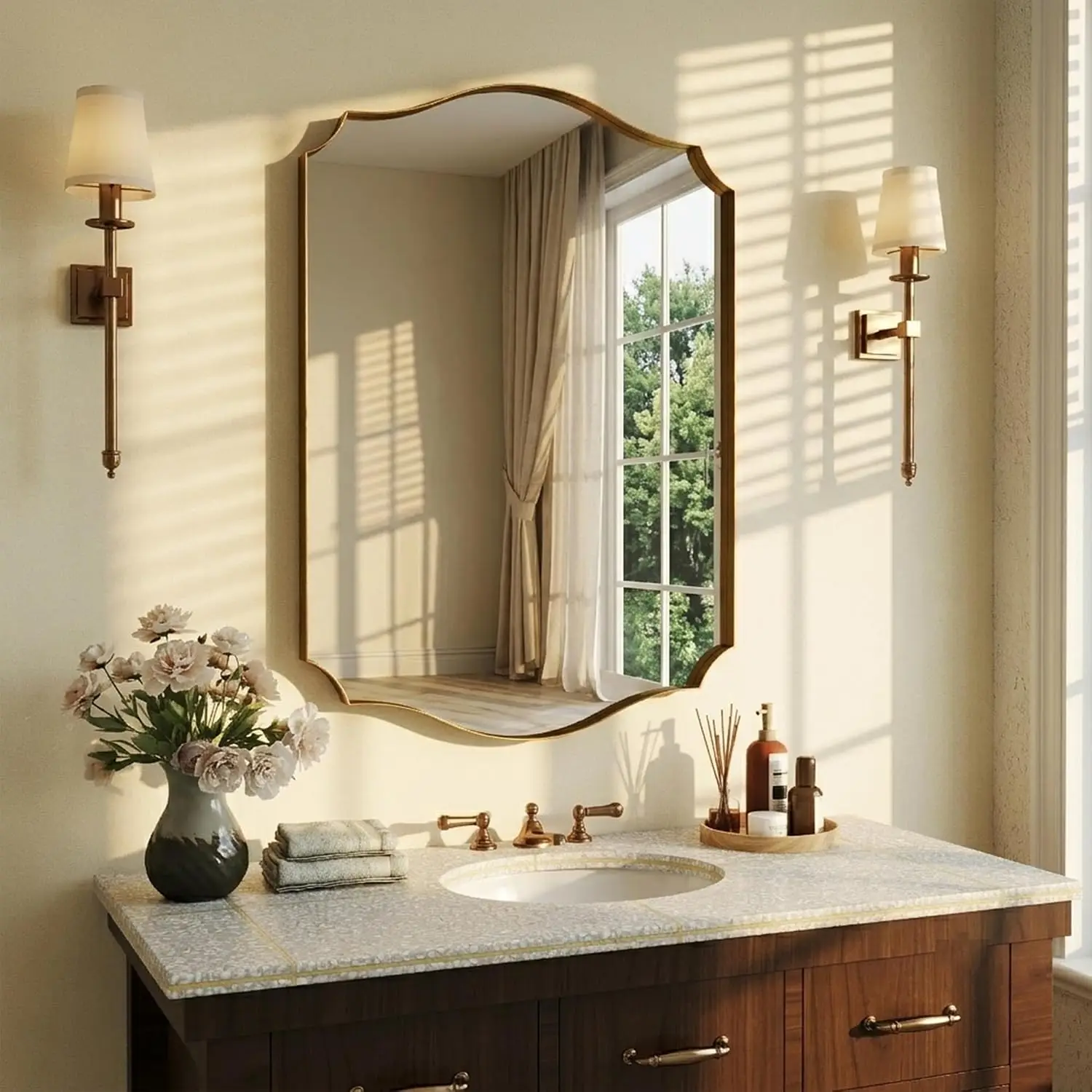 Black Wall Mirror 30 X 22 Scalloped Edge Bathroom Rust Proof Metal Frame Hangs Vertically Horizontally Decorative Vanity Bedroom