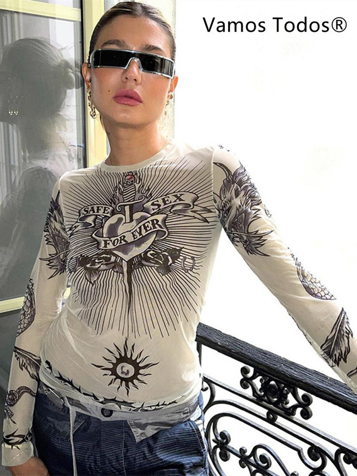  Y2k Aesthetic Punk Clothes Graphic Tees Women Gothic Fashion Full Sleeve Woman Tshirts See Through Streetwear Egirl Tops T Shirt 