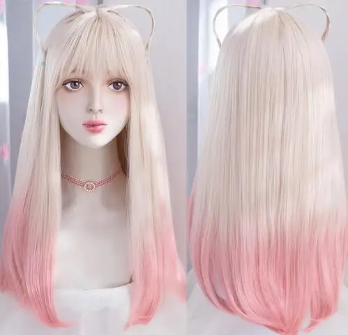 Wig lurus panjang sintetis Ombre pirang merah muda Lolita Wig dengan poni Cosplay Wig rambut halus untuk pesta sehari-hari