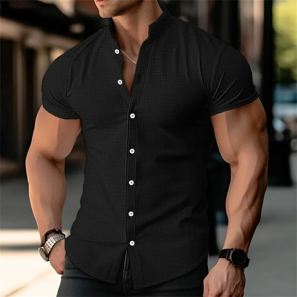 Chemise imprimée à col montant pour hommes, couleur unie, manches courtes, boutons, chemise en lin, vacances hawaïennes, plage, chemise respirante