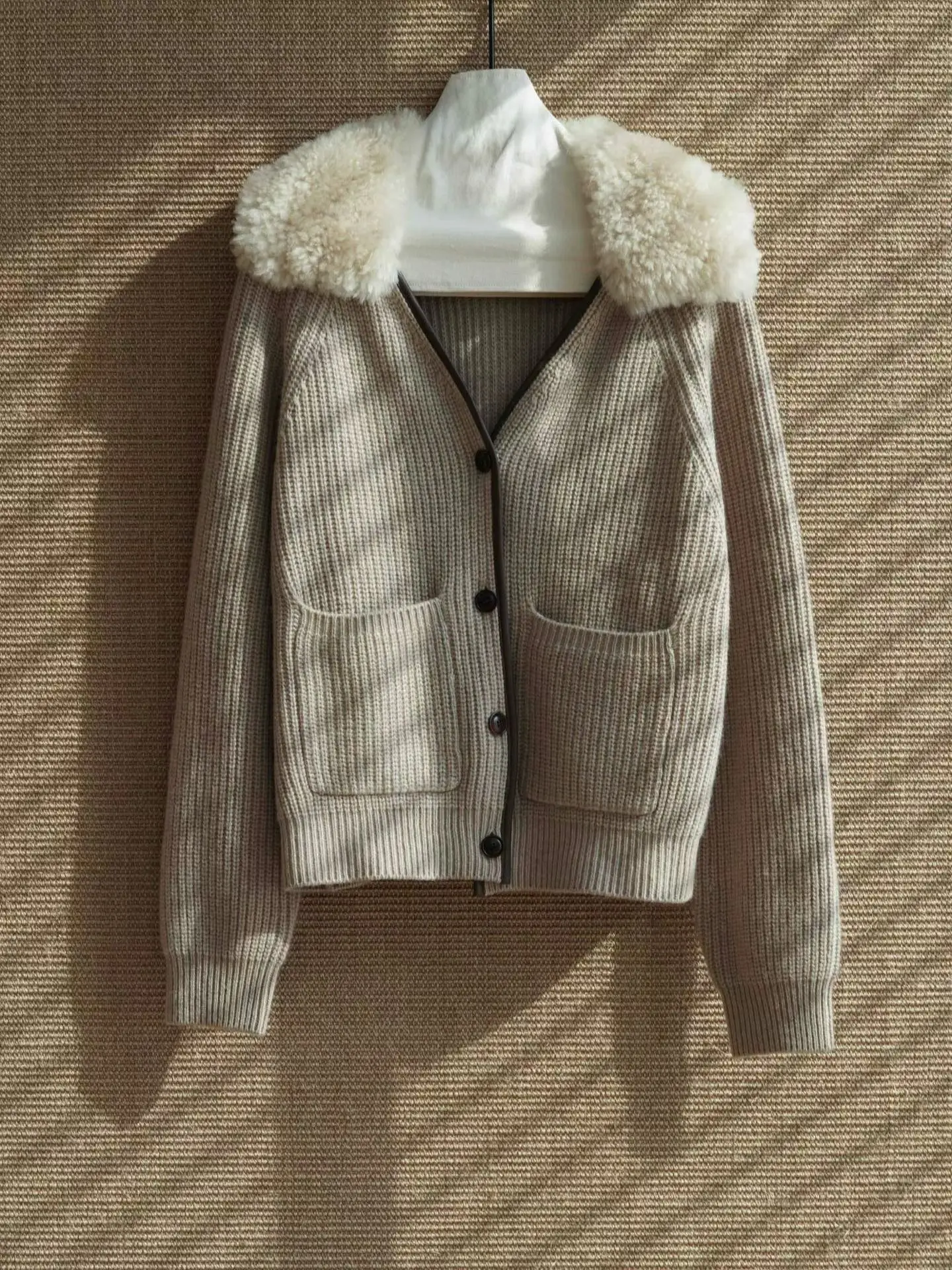 Women V Neck Knit Cardigan Detachable Furry Collar Button Long Sleeve Knitted Jacket With Pockets Casual Sweater Coat