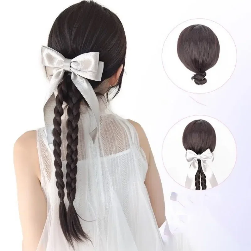 

Синтетические хвостики, женский парик, французский серебристо-белый бант, лента, двойная коса, клипсы, парики