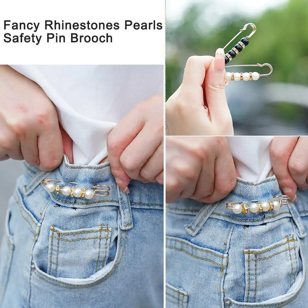 

Fancy Rhinestones Pearls Safety Pin Brooch Fixed Strap Cardigan Sweater Chain Brooches Anti Fall Waistband Pearl Clip Vinta I6h9