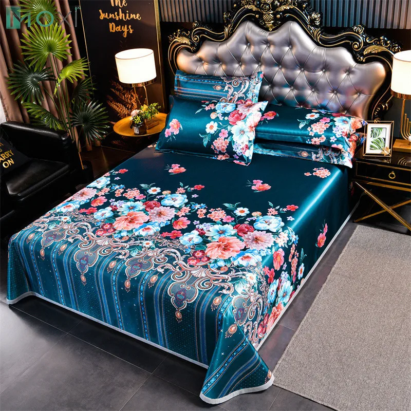 Chinese Flower 3 Pc Bed Sheet for Summer Ice Cool Fabric Top Sheets Satin Smooth Flat Bed Sheet for Double Bedding Pillowcase