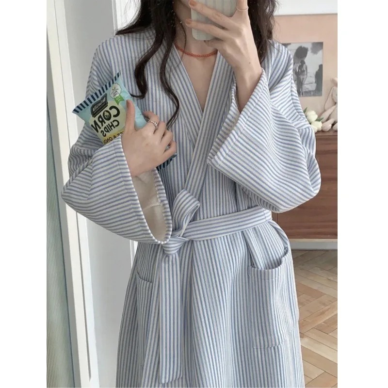 Women's Autumn Winter Nightgown Thickened Cotton Striped Pajamas Bathrobe Set for Cozy Loungewear Sleepwear Robe XXL Size  Cozy