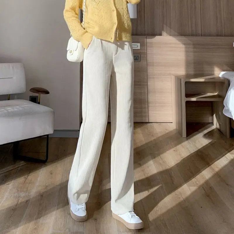 

Women's Solid Elastic Waist Button Pocket Wide Leg Pants Spring and Autumn Corduroy Loose High Waist Straight Casual Trousers