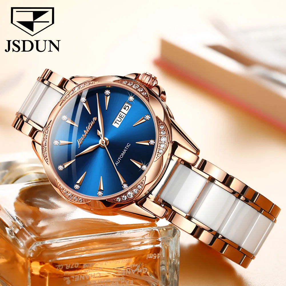 JSDUN Top Brand Luxury 50 meters waterproof Sapphire lens Mechanical Watch for Women Design Diamond Watch simple Gifts for beaut