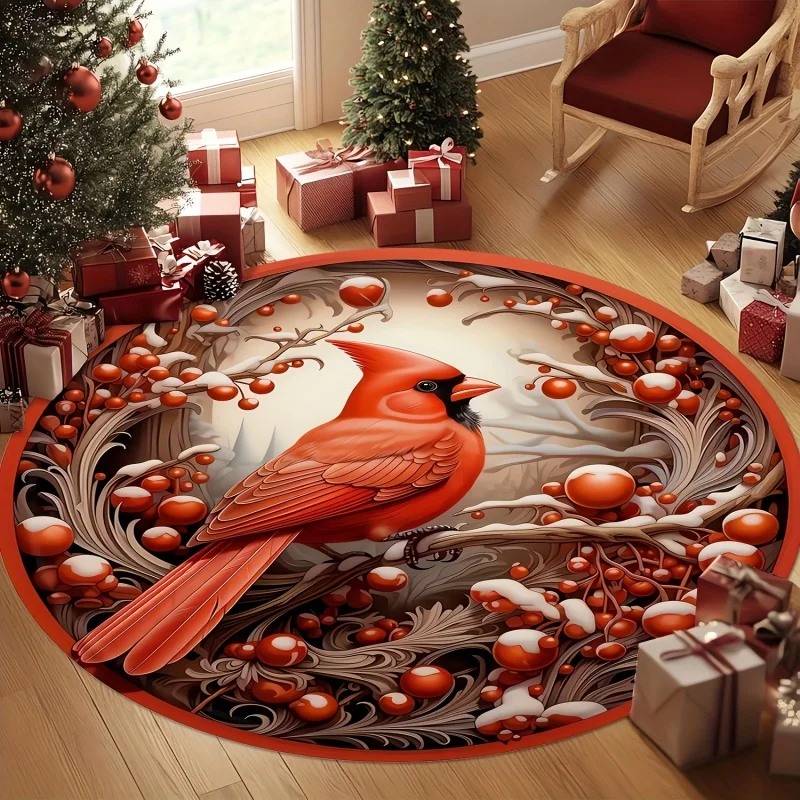 Red Cardinal Bird Christmas Round Rug,Winter Berry Branch Printed Circular Floor Carpet,Festive Indoor Home Decoration