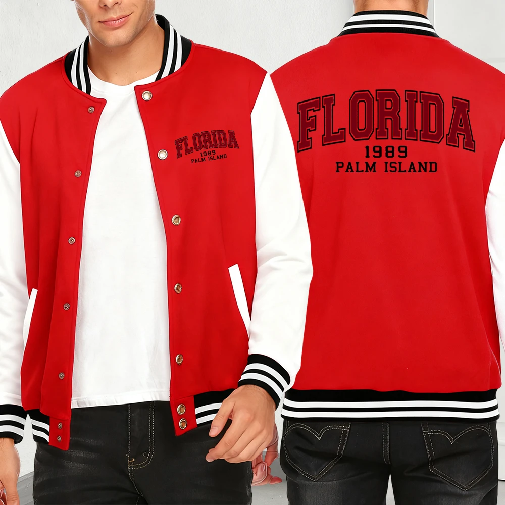 

Florida 1989 Palm Island Print Autumn Men Streetwear Hip Hop Fleece Jackets Pocket Loose Y2K Menswear Casual Baseball Jersey