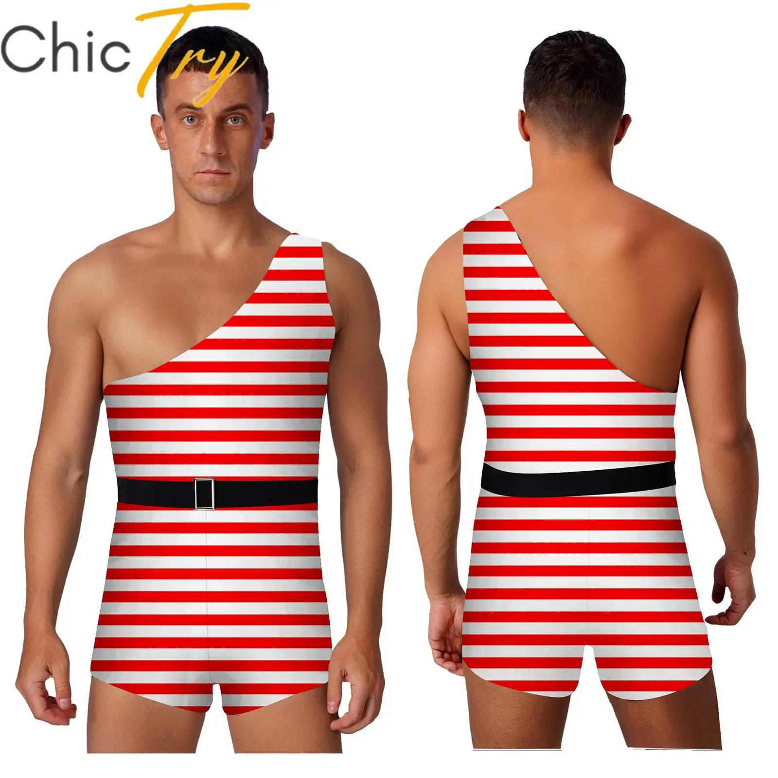 

Mens Primitive Man Cosplay Costume Halloween One Shoulder Striped Christmas Xmas Rompers with Belt for Raves Masquerade Party