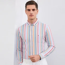 Men's Classic Vertical Striped & Plaid Button-Up Oxford Dress Shirt, 100% Cotton Formal Business Wear for Spring and Fall Season