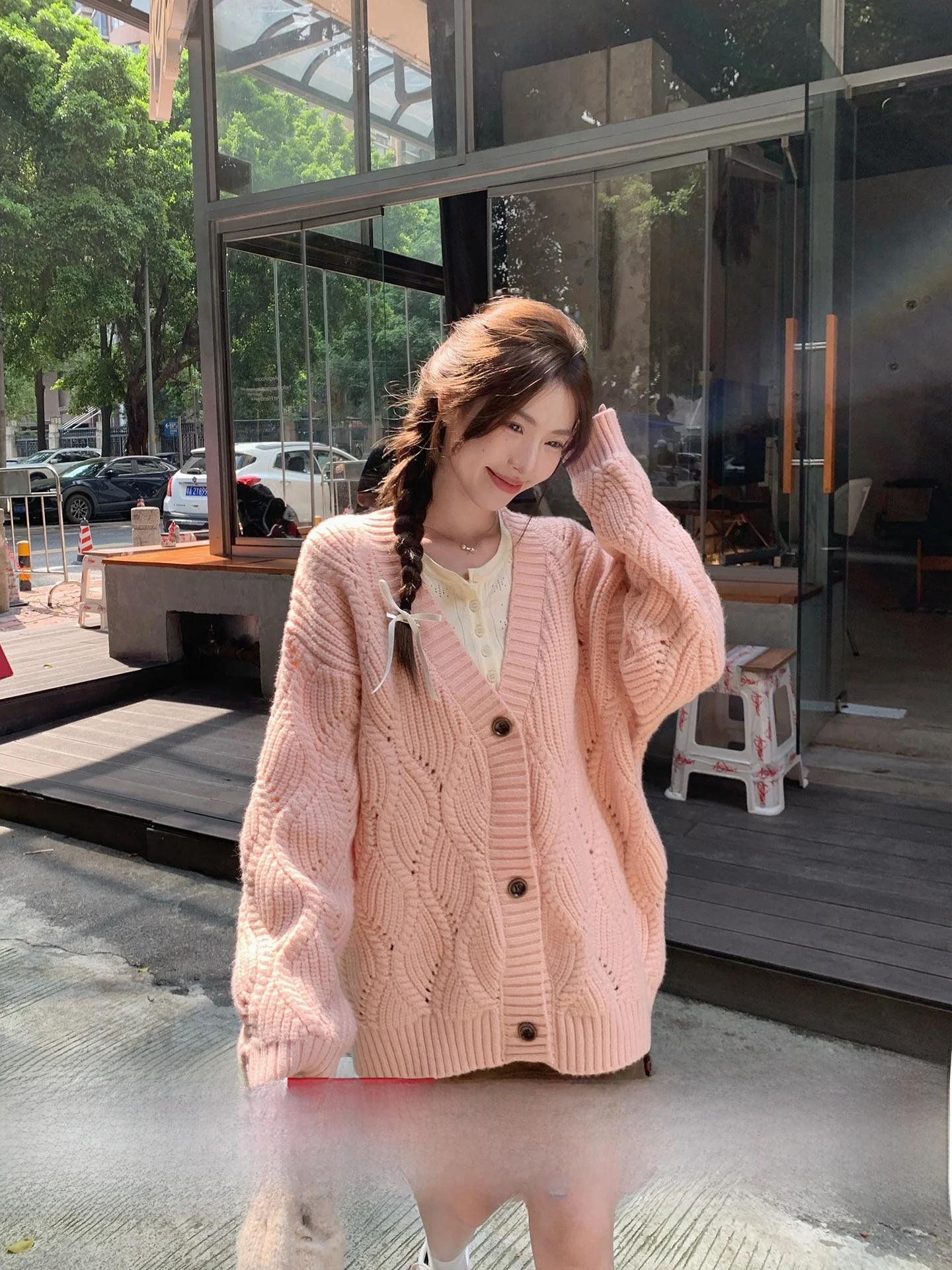 

Розовый вязаный кардиган Morning Bloom с V-образным вырезом, свободный крой, в корейском стиле, с длинными рукавами, из шерстяной пряжи, для женщин