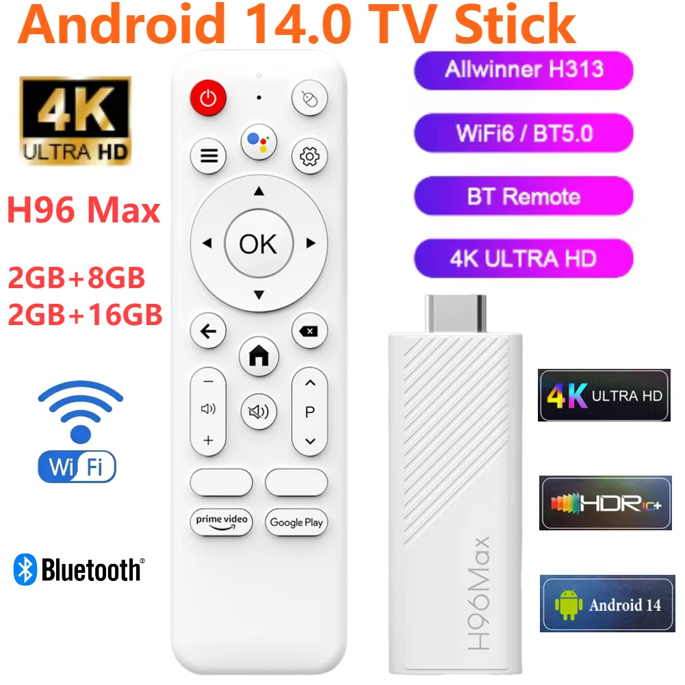 Android14 AI TV Stick H96 MAX H313 Quad Core Wifi6 BT5.0 4K@60fps ATV Launcher Google Voice Assistant Media Player mini TV Stick