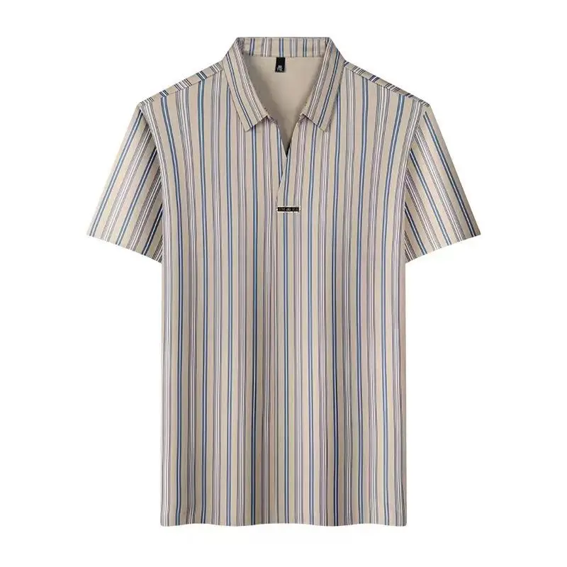 2024 New Summer Business and Leisure High-end Slim Fit No Iron Drape Oversized Collar Striped Short Sleeved Polo Shirt for Men