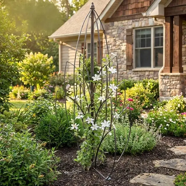 69 Inch Tall Lotus‑Bud Iron Obelisk Trellis, Heavy‑Duty Vertical Plant Support with Ground Stakes for Climbing Roses, Clematis and Vines, Decorative Outdoor Yard Art for Patio and Courtyard
