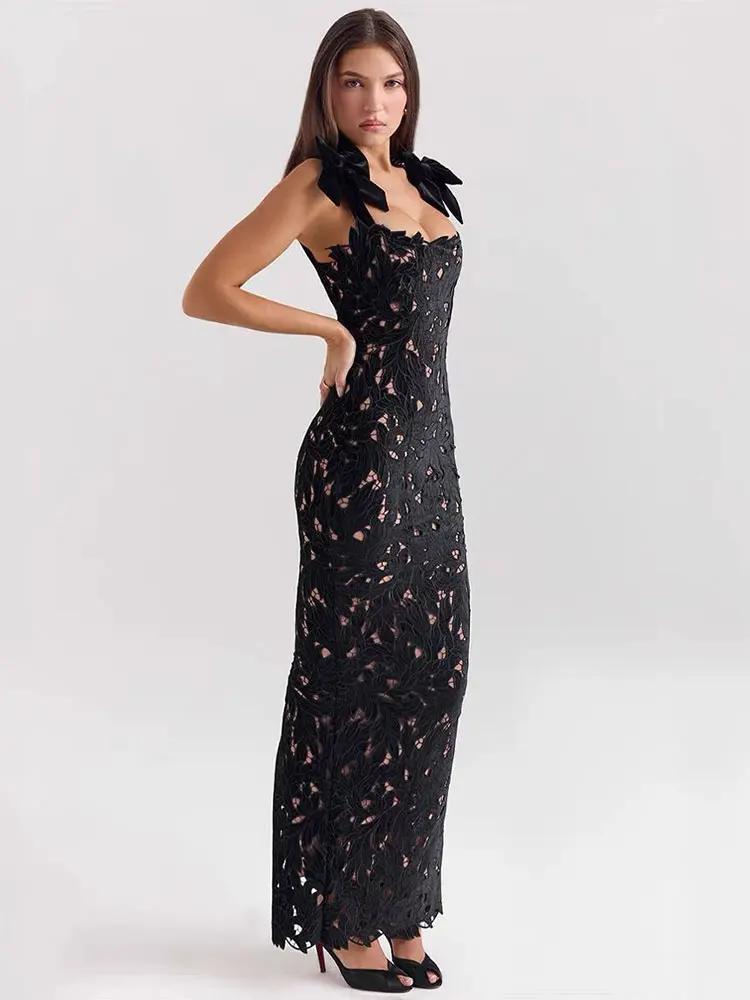 GACVGA Bows Lace Sexy Maxi Dress For Women Fashion Sleeveless Backless Bodycon New Year\'s Birthday Club Party Long Dress