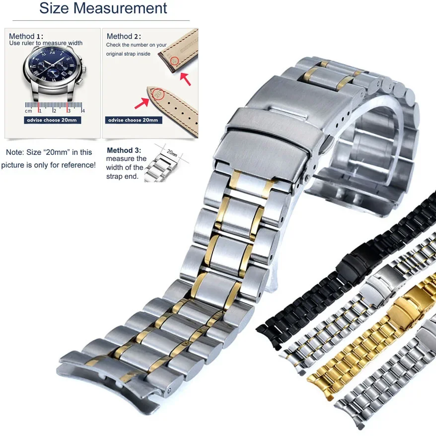 18mm 20mm 22mm 24mm 2 in 1 Straight Curved End Stainless Steel Watch Band Strap Replacement Wristband Bracelet with Tool