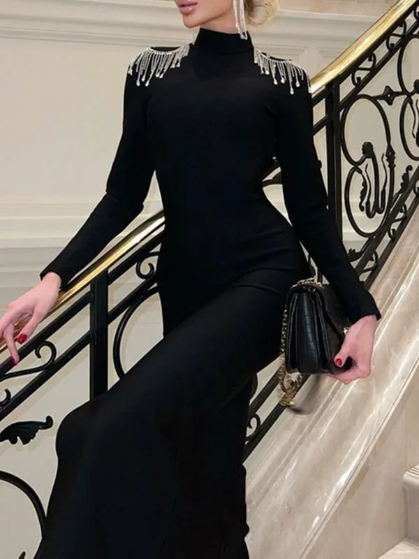 Tinaa Black Bodycon Maxi Dress Women 2026 Backless High Neck Crystal Shoulder Studs Long Sleeve High Slit Evening Gown Dresses
