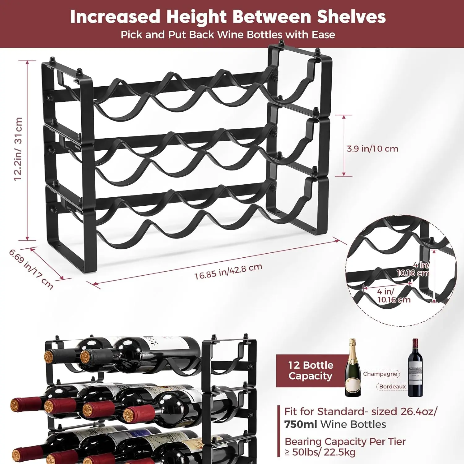 Stackable Wine Rack Countertop, Sturdy Bottle Holder Freestanding for Cabinet, 3 Tier Small Tabletop Stand
