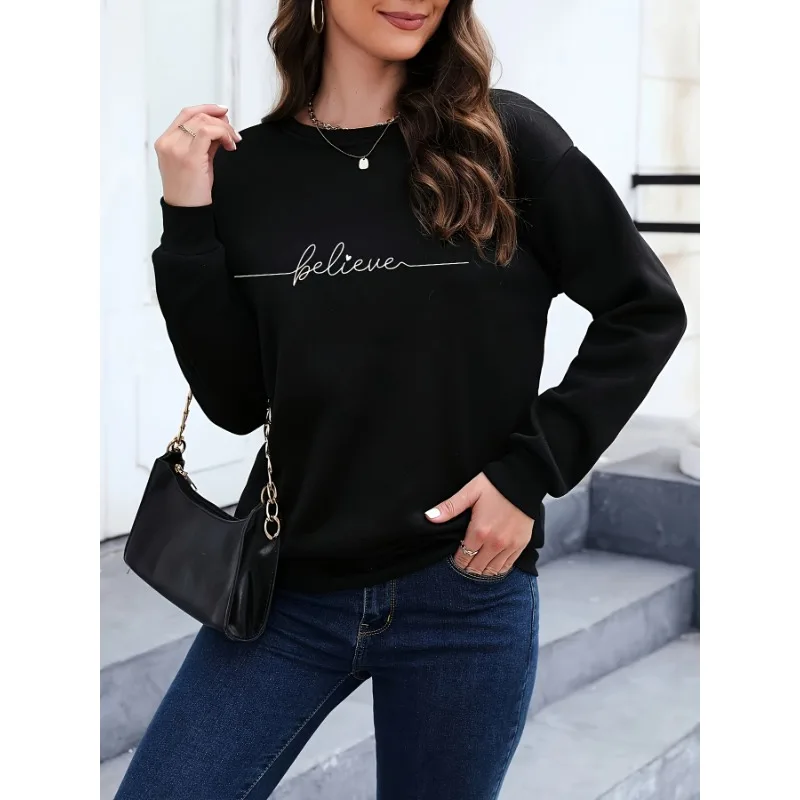 

Women's Autumn and Winter Printed Long-sleeved Letter Pattern Sweatshirt, Shoulder-falling Design, Simple and Versatile