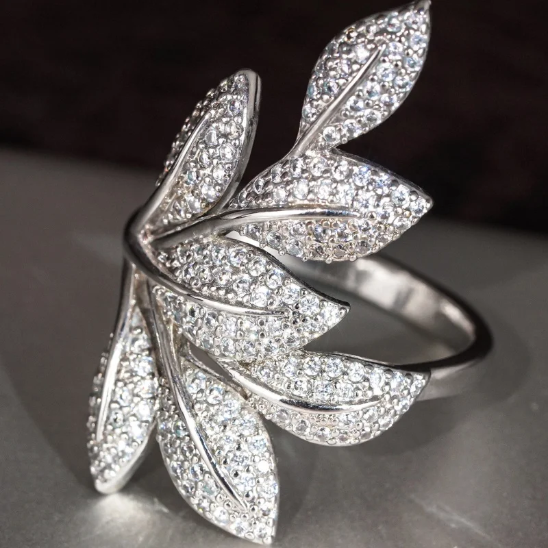 CAOSHI Newly Designed Leaf Shape Rings for Women Exaggerated Silver Color Finger Accessories Brilliant Zirconia Wedding Jewelry