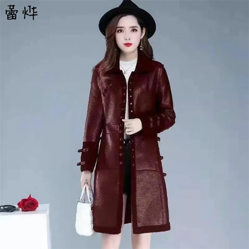 Jaket kulit imitasi model Korea, jaket kulit, jaket wanita model Korea, jaket mewah dan tebal, panjang Medium, jaket ramping mewah dan mewah, untuk musim gugur dan musim dingin