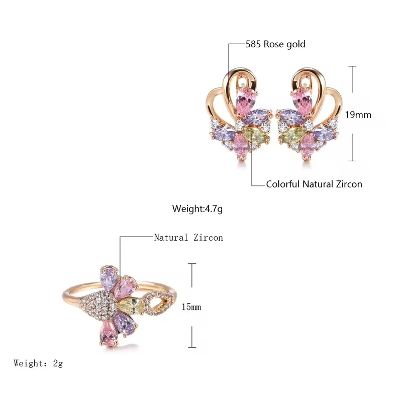 Kinel Heißer 585 Rose Gold Farbe Blume Ohrringe Ringe Für Frauen Mode Bunte Natürliche Zirkon Zubehör Täglichen Schmuck Sets