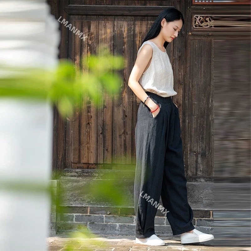 Women Summer Cotton Linen Wide Leg Pants Loose Casual Trousers Literary Retro Straight Leg Pants Summer Long Pantalon