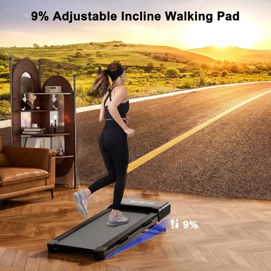 Under desk walking pad for home office use, aluminum alloy frame, black color, 9 auto incline and 3.0HP motor for quiet efficie