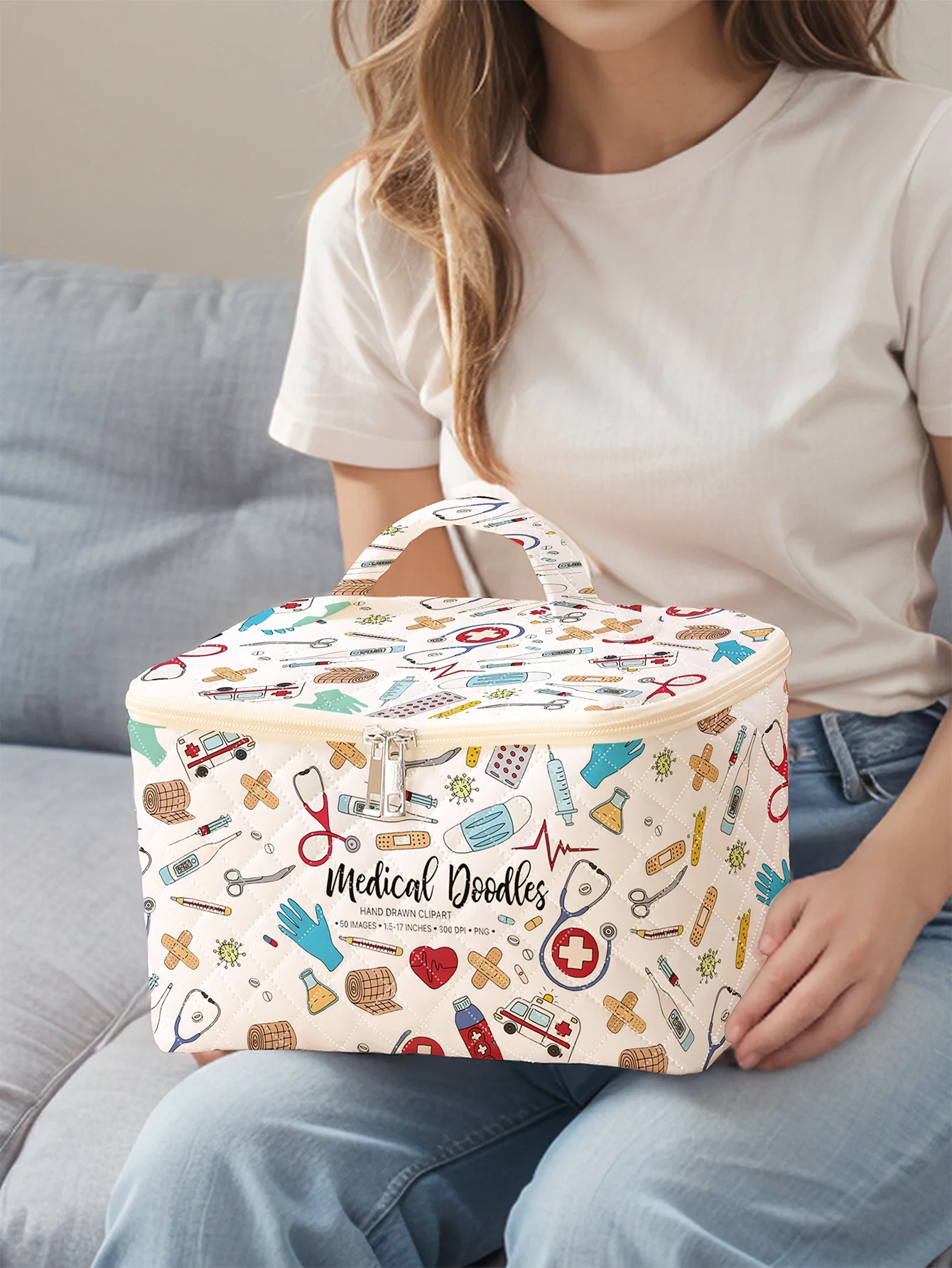 1pc，Portable travel cosmetics with medical supplies patterns, large capacity travel storage bags, cute and stylish makeup bags