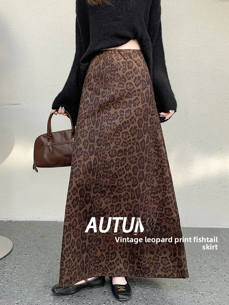 

Retro Suede Leopard Print f Skirt Women's High Waist Slim A-Line Fi Tail Long Skirt Autumn 2025 Ele Maturi Ci Walk