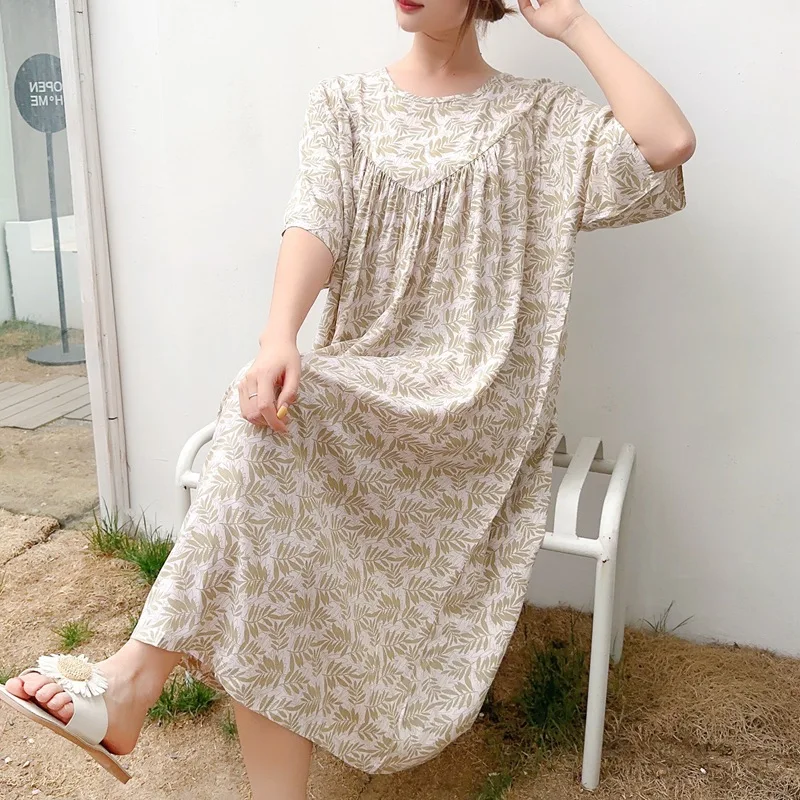 2023 Summer New Nightdress Loose Plus Size Homewear Cotton Round Neck Printed Pajamas Dress Can Be Worn Outside Pijamas Women