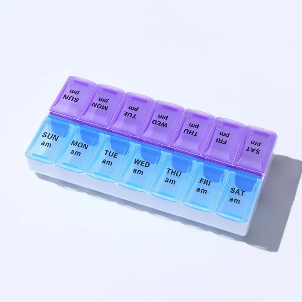 2pcs Plastic 14 Grid Pill Organizer Box Portable Clear Medicine Organizer Lightweight Moisture Proof 7 Days Pill Cases