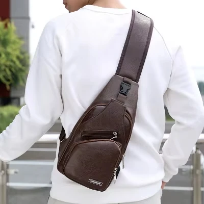 Simple and Fashionable Casual Solid Color PU Multifunctional USB Charging Zipper MEN\'S Chest Bag Crossbody Bag for Commuting