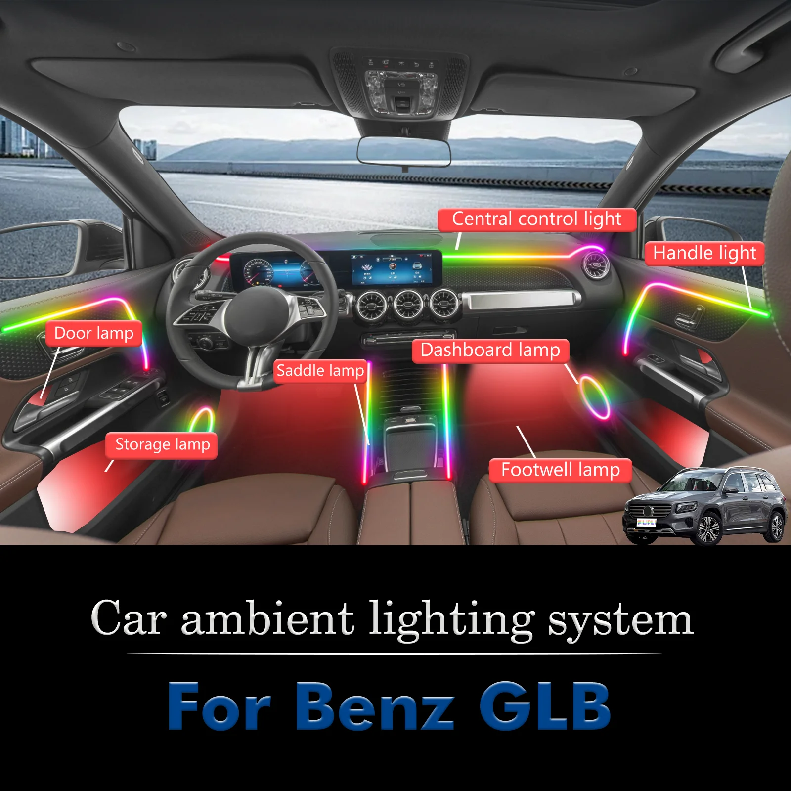 

For Benz GLB Car Interior Ambient Lamp Kit RGB 64-Color LED Smart Remote Control Energy Saving Efficient Lights
