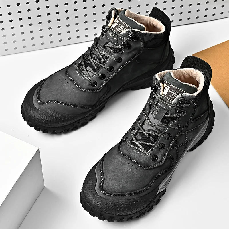 Golden Sapling Outdoor Shoes Men Genuine Leather Mountain Trekking Boots Men\'s Ankle Boot Retro Platform Flats Casual Work Shoe