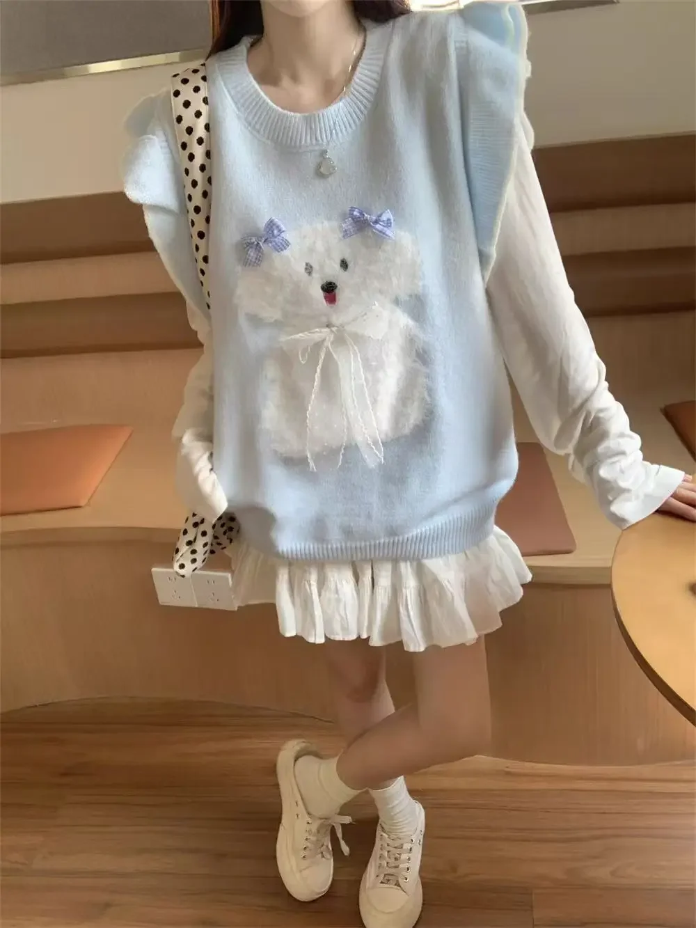 الكرتون الكلب القوس الجاكار الكشكشة كم سترة سترة المرأة الأزرق أكمام نمط Preppy سترة محبوكة غير رسمية المرأة ربيع الخريف