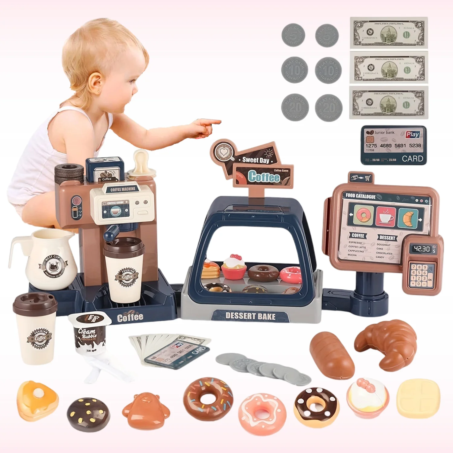 3 In 1 Toy Coffee Maker Machine And Cash Register Kit With Sound Light Pretend Role Play Toy Coffee Maker Machine & Fake Donuts