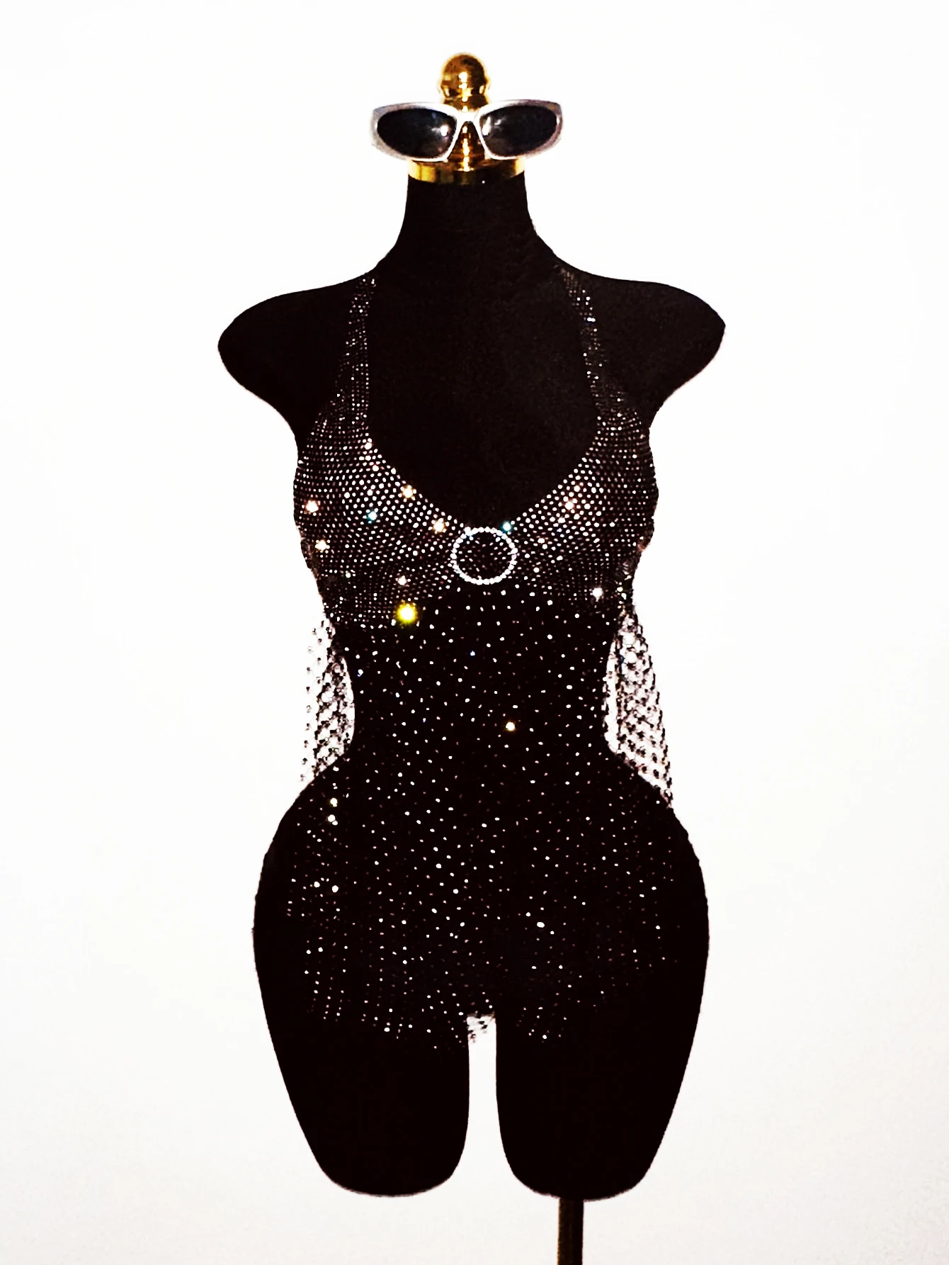 Women Mesh Rhinestone Tassel Long Tank Top Sexy Backless Halter Neck Hollow Perspective Shiny Camisole Holiday Party Tops