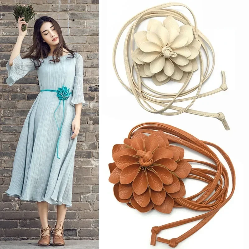 Cinturón de cuero con flores exageradas para mujer, cadena ajustable con cordones, corsé de diseñador, vestido, suéter, cinturón de cintura, joyería