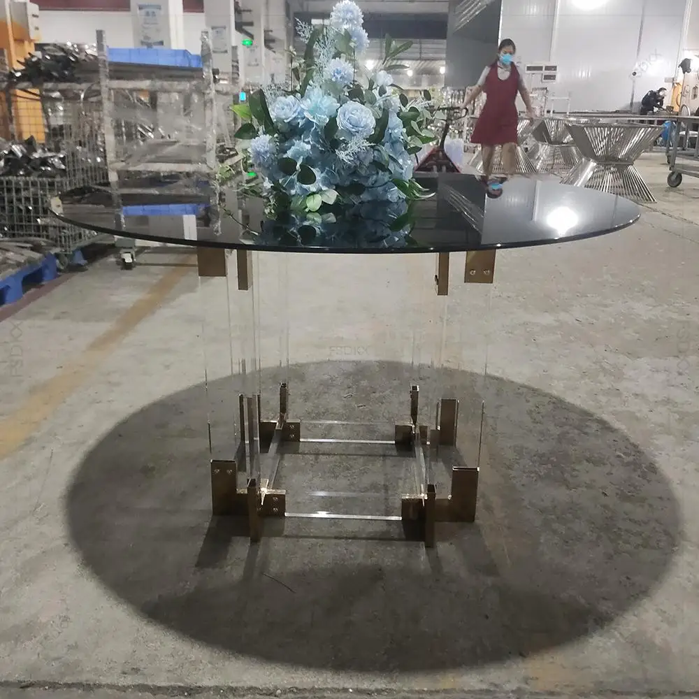 

Luxury Glass Top Table Wedding Gold Stainless Steel And Acrylic Round Shape Party Tables