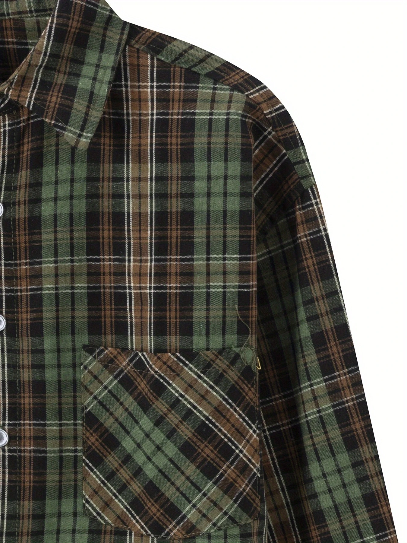 Men Vintage Green Brown Plaid Long Sleeve Cotton Shirt, Relaxed Fit Basic Check Blouse With Diagonal Chest Pocket, Wear Inside O