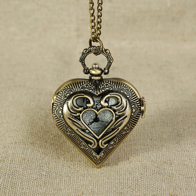 Vintage Bronze Heart Shape Design Pendant Quartz Pocket Watch with Necklace Chain Leisure Men's Gift Clock Accessories