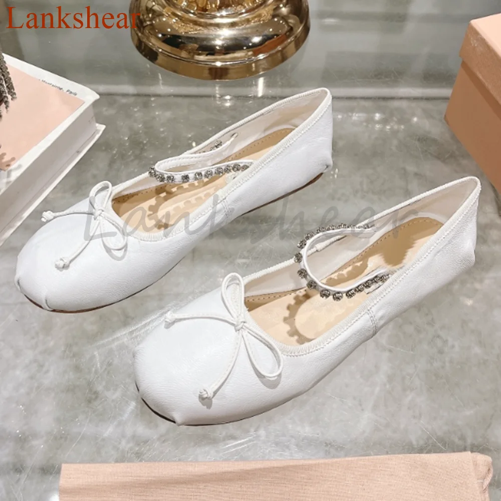 

Round Toe Butterfly Knot Women Shoes Flat Sole String Bead Blingbling Solid Slip On Spring Fashion Mary Jane 2024 New Arrivals