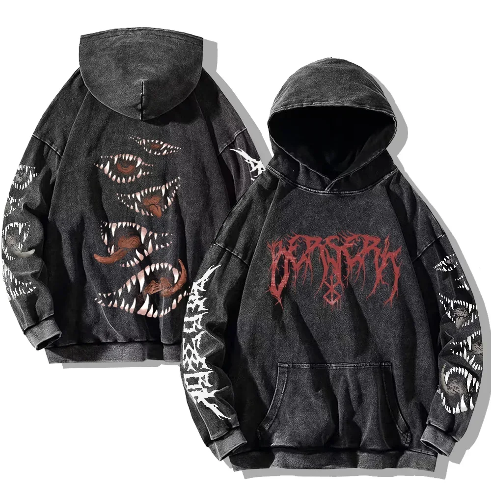 Mens Berserk Hoodies Gothic Print Vintage Washed Hoodie Hip Hop Streetwear Cotton Sweatshirts Y2k Oversized Hoodie