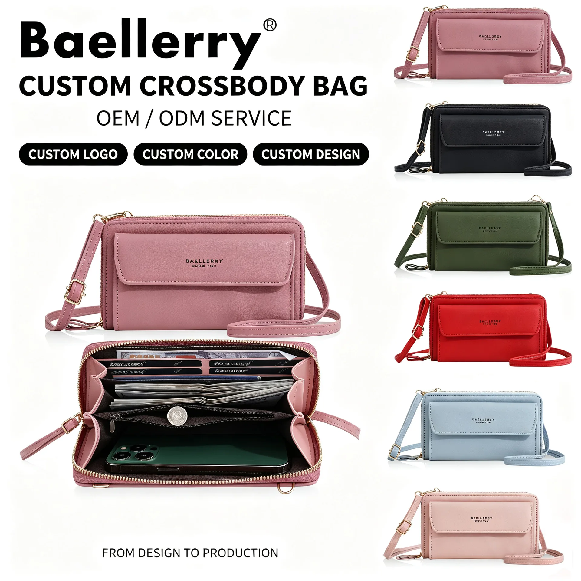 BAELLERRY Women Crossbody Phone Bag PU Leather Multi Pocket Shoulder Purse Adjustable Strap Zipper Wallet Bag Large Capacity Car