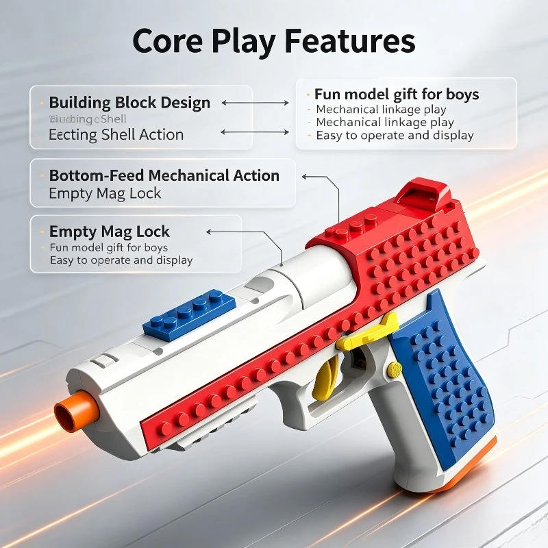 Building Block Soft Dart Toy Launcher, Ejecting Shell, Bottom-Feed Mechanical Action, Empty Mag Lock, Fun Model Gift
